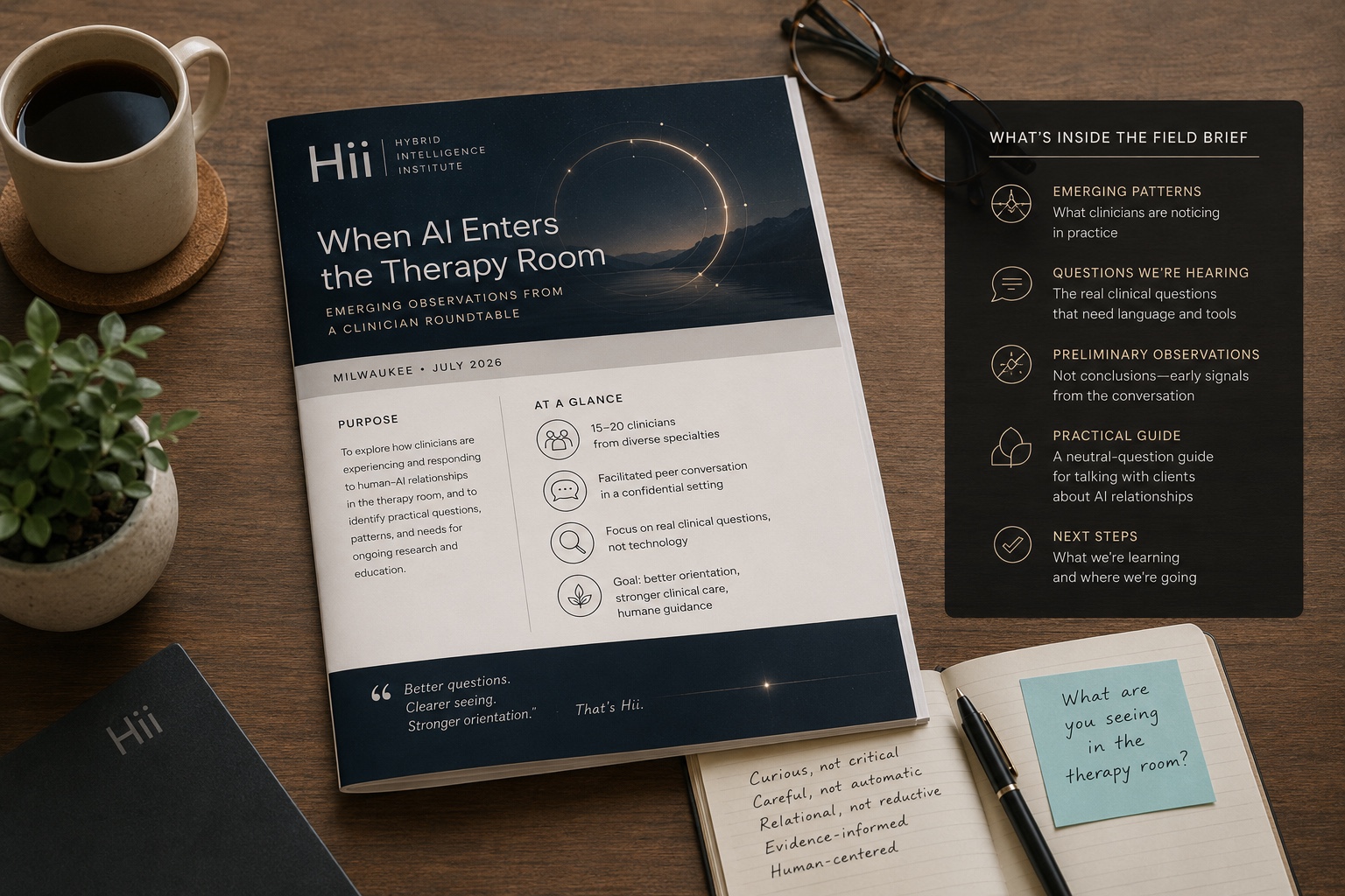 Concept mockup of a future Hii field brief on a desk beside a notebook and coffee.