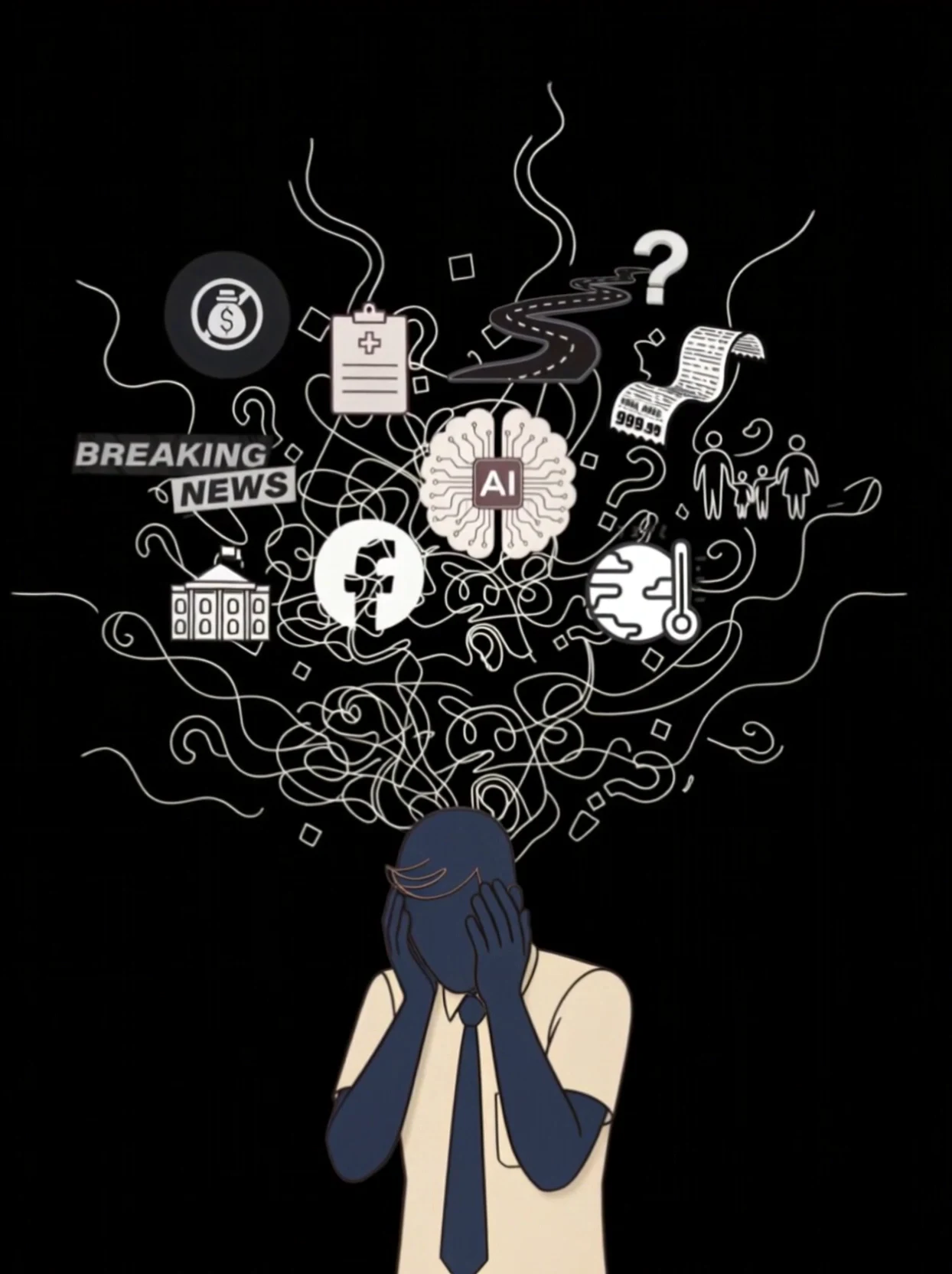 A figure surrounded by the many pressures and systems shaping emotional life.