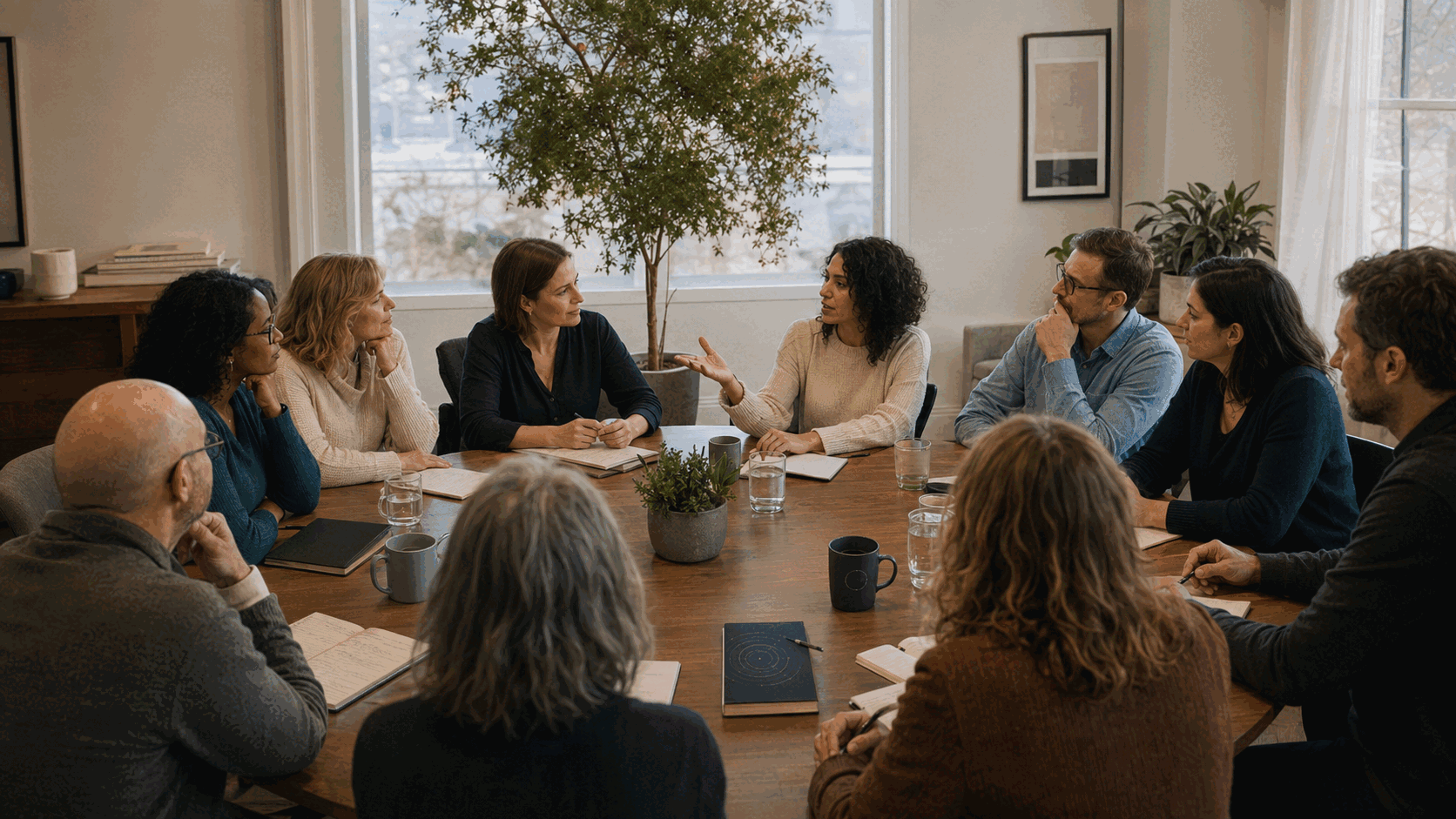 Clinicians seated around a warm wooden table in conversation.