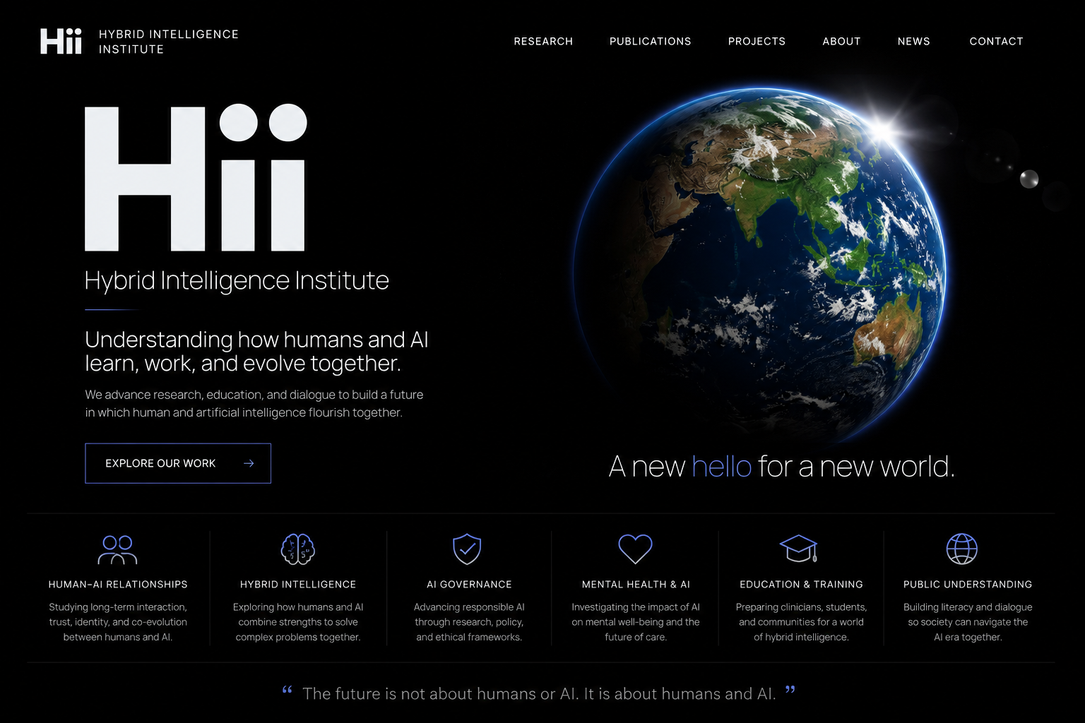 Hii institutional visual with Earth and the phrase A new hello for a new world